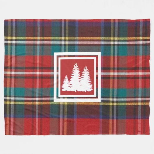 赤タータンチェックの格子模様とホワイトパインツリーシルエット フリースブランケット (正面(横))