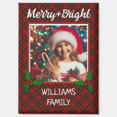 赤タータンチェックの格子状カスタムの写真クリスマス マグネット (正面)