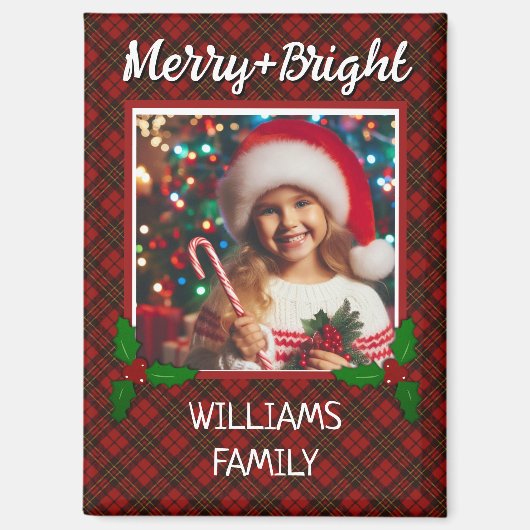 赤タータンチェックの格子状カスタムの写真クリスマス マグネット (正面)