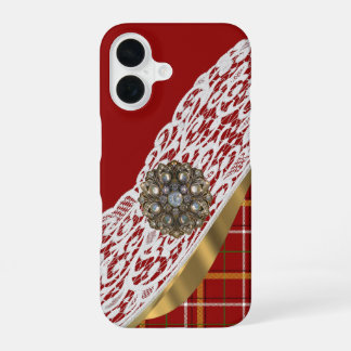 赤タータンチェックの格子縞とレース iPhone 16ケース
