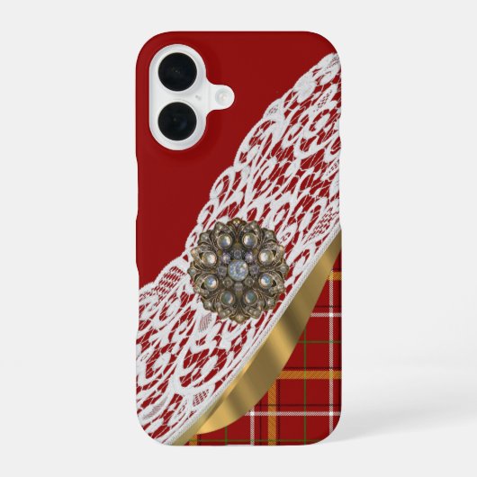 赤タータンチェックの格子縞とレース iPhone 16ケース (裏面)