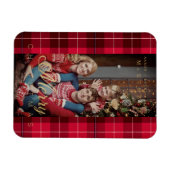 赤タータンチェックプレイドメリークリスマスファミリーフォト マグネット (横)
