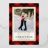 赤タータンチェックメリーのクリスマス写真 箔シーズンカード (正面)