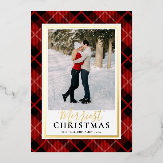 赤タータンチェックメリーのクリスマス写真 箔シーズンカード (正面)