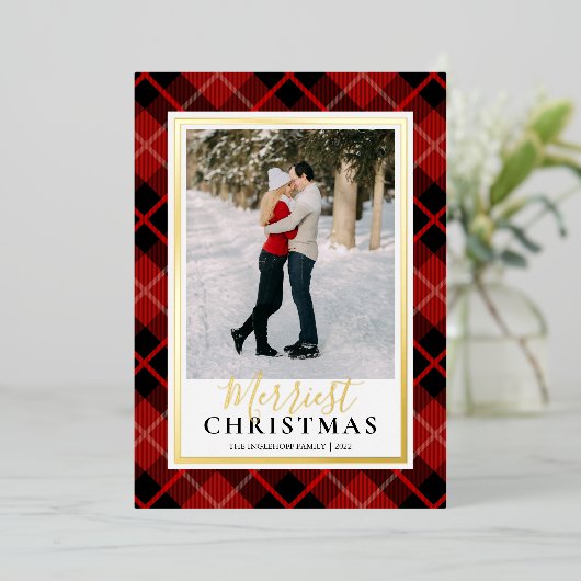 赤タータンチェックメリーのクリスマス写真 箔シーズンカード (立ち正面)