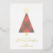 赤タータンチェックモダンクリスマスツリースターフォトファミリー 箔シーズンカード (正面)