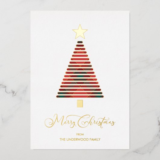 赤タータンチェックモダンクリスマスツリースターフォトファミリー 箔シーズンカード (正面)