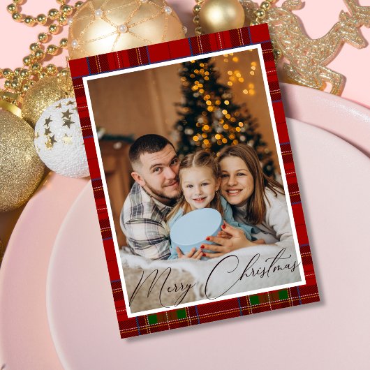 赤タータンチェック格子縞スコットランドのクリスマスフォト シーズンカード