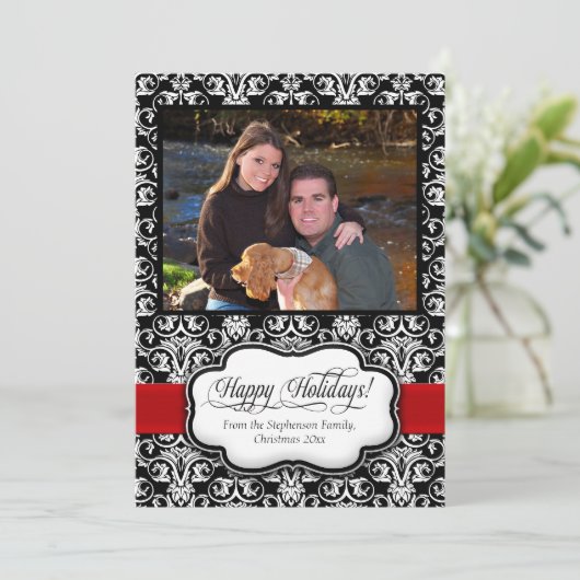 赤ダマスクブラックアンドホワイトホリデーグリーティングカード 招待状 (スタンド正面)