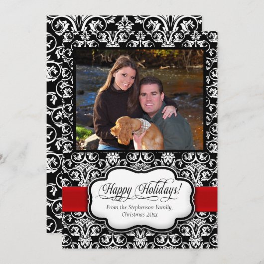 赤ダマスクブラックアンドホワイトホリデーグリーティングカード 招待状 (正面/裏面)