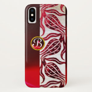 赤ダマスクベルベットチューリップモノグラムブルゴーニュ白 iPhone X ケース