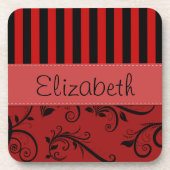 赤ダマスク、赤ストライプいストライプの、お名前 コースター (正面)