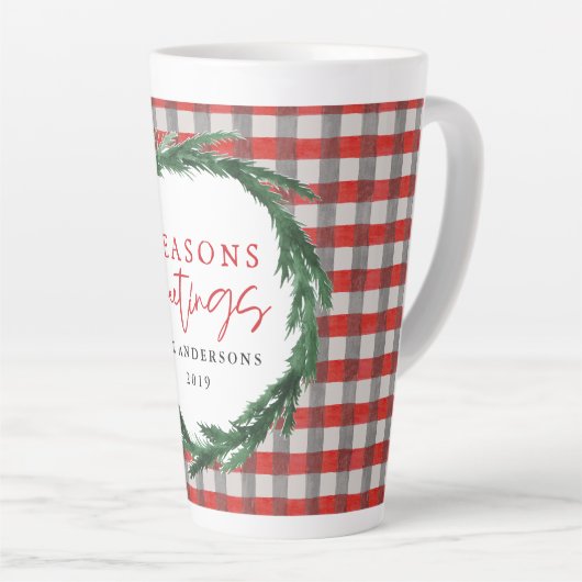 赤チェックと水の色リースクリスマス カフェラテマグ (右アングル)