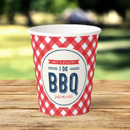 赤チェックと青の誓いの BBQ 婚約パーティー 紙コップ