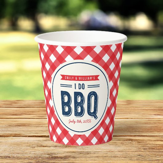 赤チェックと青の誓いの BBQ 婚約パーティー 紙コップ