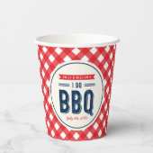 赤チェックと青の誓いの BBQ 婚約パーティー 紙コップ (裏面)