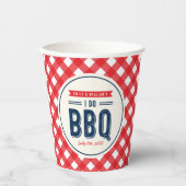 赤チェックと青の誓いの BBQ 婚約パーティー 紙コップ (正面)