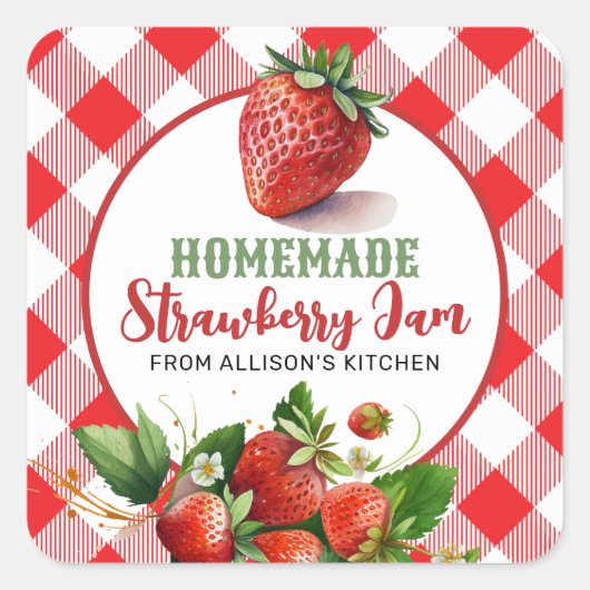 赤チェックのイチゴジャム瓶ラベル スクエアシール (正面)