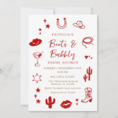 赤チェックのブーツとバブルリーカウガール ブライダルシャワー 招待状 (正面)