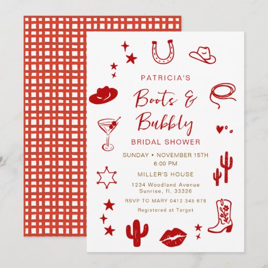 赤チェックのブーツとバブルリーカウガール ブライダルシャワー 招待状 (正面/裏面)