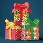 赤チェックのポルカドット柄 向日葵 花柄パターン ラッピングペーパーシート<br><div class="desc">黄色の向日葵、赤と白のポルカドット、赤チェックの向日葵クラスターの混合パターンがプリントされた、3種類のデザインのラッピングペーパーシート</div>