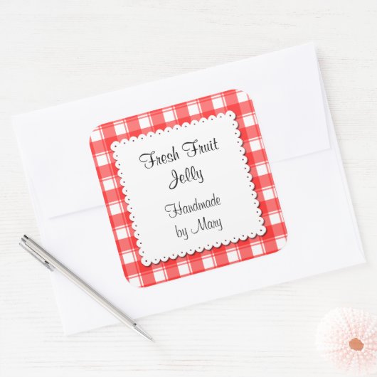 赤チェック白Doilyカスタムステッカー スクエアシール (封筒)