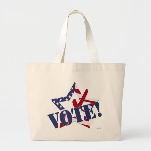 赤チェック青VOTEとアメリカ国旗の星 ラージトートバッグ (正面)