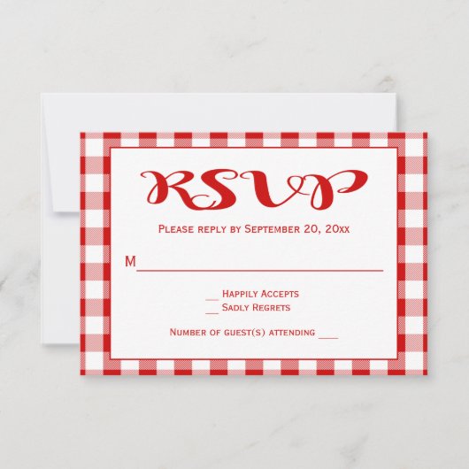 赤チェックRSVP結婚の、パーティージンガム・プレイド 出欠カード (正面)