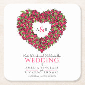 赤チューリップリースインクスケッチモノグラム結婚ズ スクエアペーパーコースター (正面)