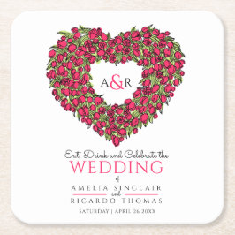 赤チューリップリースインクスケッチモノグラム結婚ズ スクエアペーパーコースター