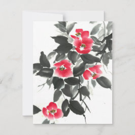 赤ツバキ墨色と水色絵画の