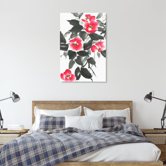 赤ツバキ墨色と水色絵画の キャンバスプリント (インサイチュ (寝室))