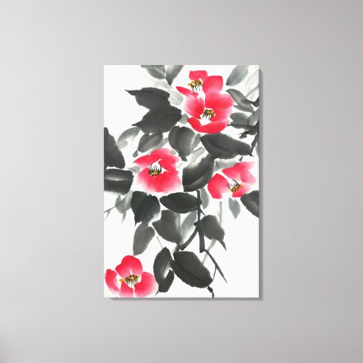 赤ツバキ墨色と水色絵画の キャンバスプリント (正面)