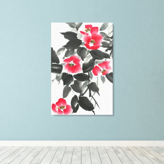 赤ツバキ墨色と水色絵画の キャンバスプリント (インサイチュ (ウッドフロア))
