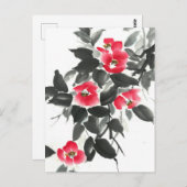 赤ツバキ墨色と水色絵画の ポストカード (正面/裏面)