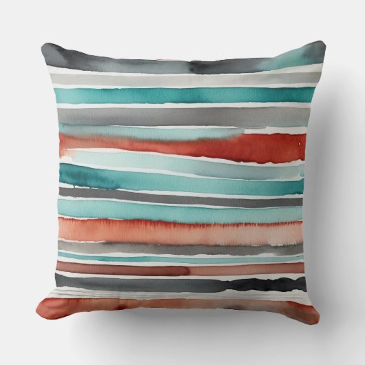 赤ティール（緑がかった色）と炭抽象芸術ストライプ クッション (正面)