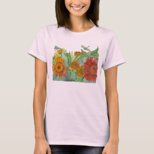 赤デイジートンボ水彩花 Tシャツ