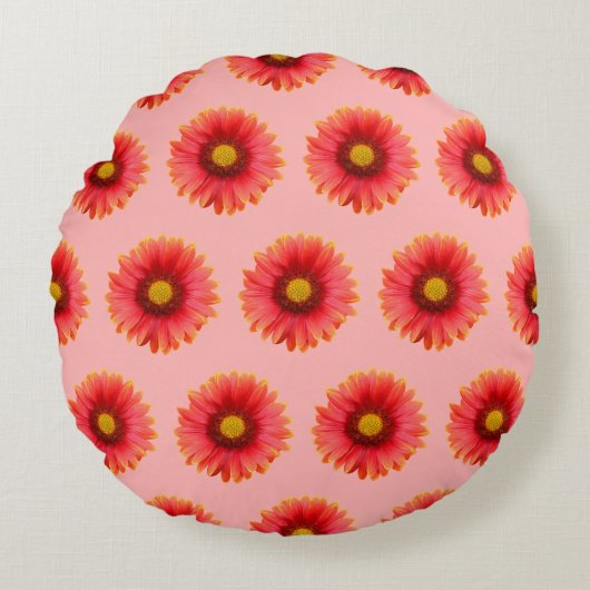 赤デイジー花丸枕の継ぎ目無し模様 ラウンドクッション (正面)