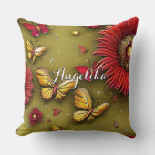 赤デイジー金ゴールド蝶パーソナライズされた名 クッション (正面)