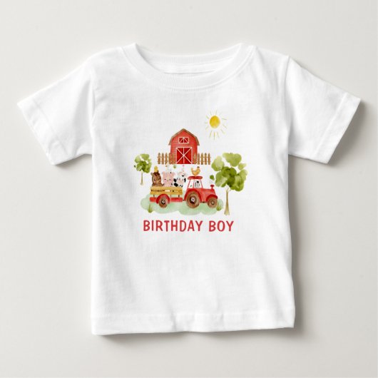 赤トラクターファーム動物の誕生日の少年 ベビーTシャツ (正面)