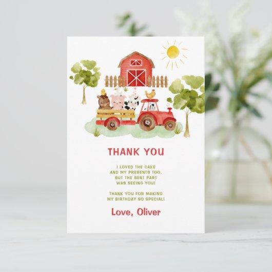 赤トラクターファーム動物の誕生日感謝していあなた カード (スタンド正面)