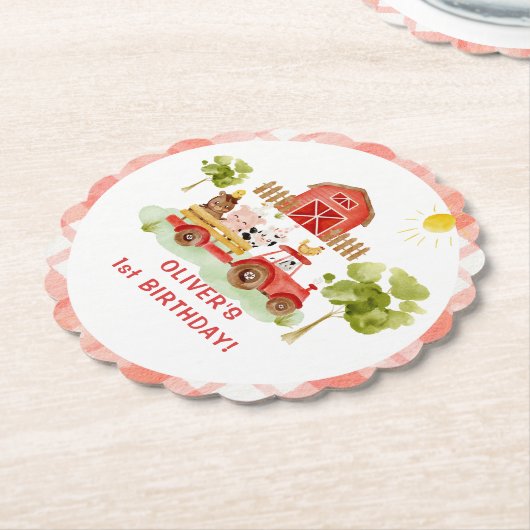 赤トラクターファーム動物の誕生日 ペーパーコースター (アングル)
