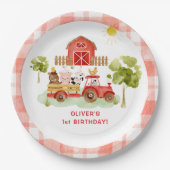 赤トラクターファーム動物の誕生日 ペーパープレート (正面)
