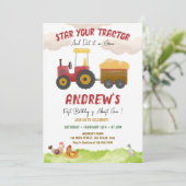 赤トラクター任意の年齢、ファームボーイ誕生日 招待状 (スタンド正面)