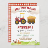 赤トラクター任意の年齢、ファームボーイ誕生日 招待状 (正面/裏面)