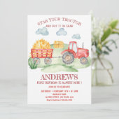 赤トラクター任意の年齢、誕生日 招待状 (スタンド正面)