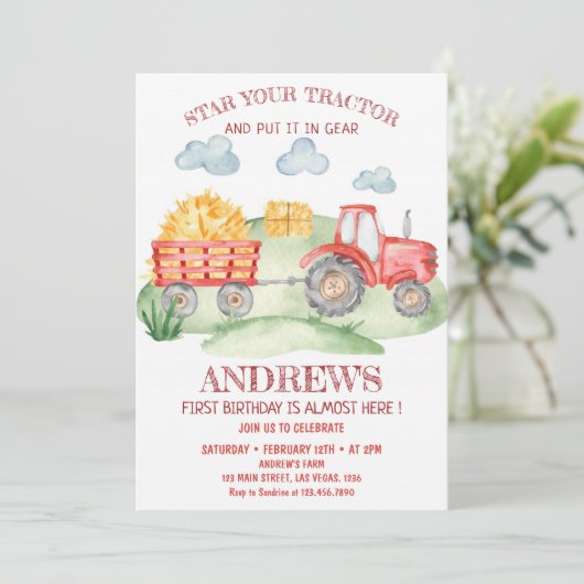 赤トラクター任意の年齢、誕生日 招待状 (スタンド正面)