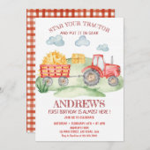 赤トラクター任意の年齢、誕生日 招待状 (正面/裏面)