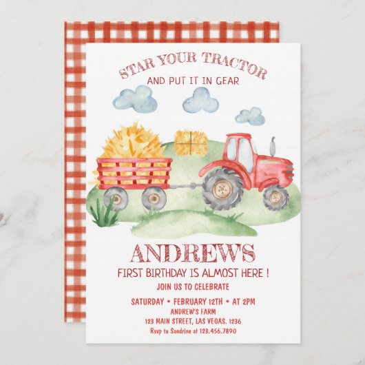赤トラクター任意の年齢、誕生日 招待状 (正面/裏面)
