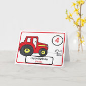 赤トラクター&ドッグ4歳の誕生日カード カード (黄色い花)